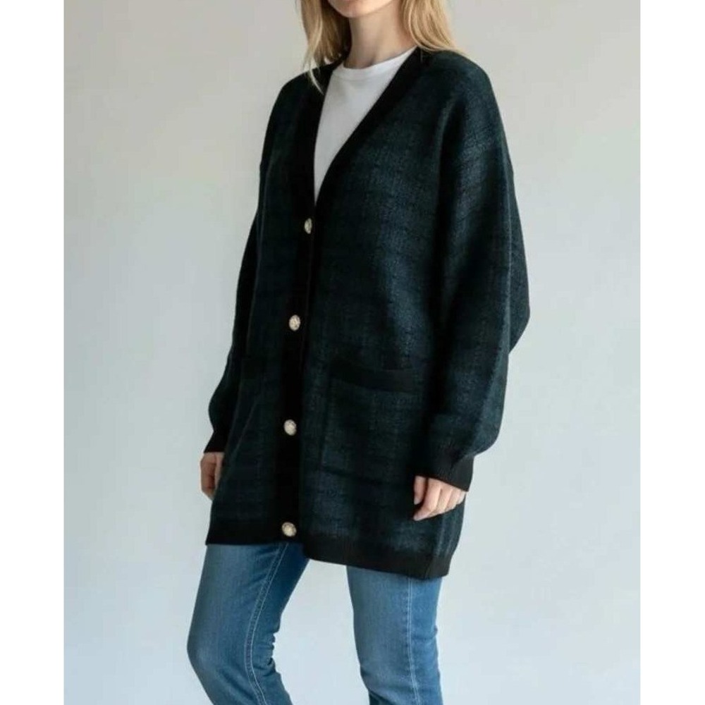 Aritzia Babaton Lacer 100% Merino Wool Cardigan Black Green Small Academia